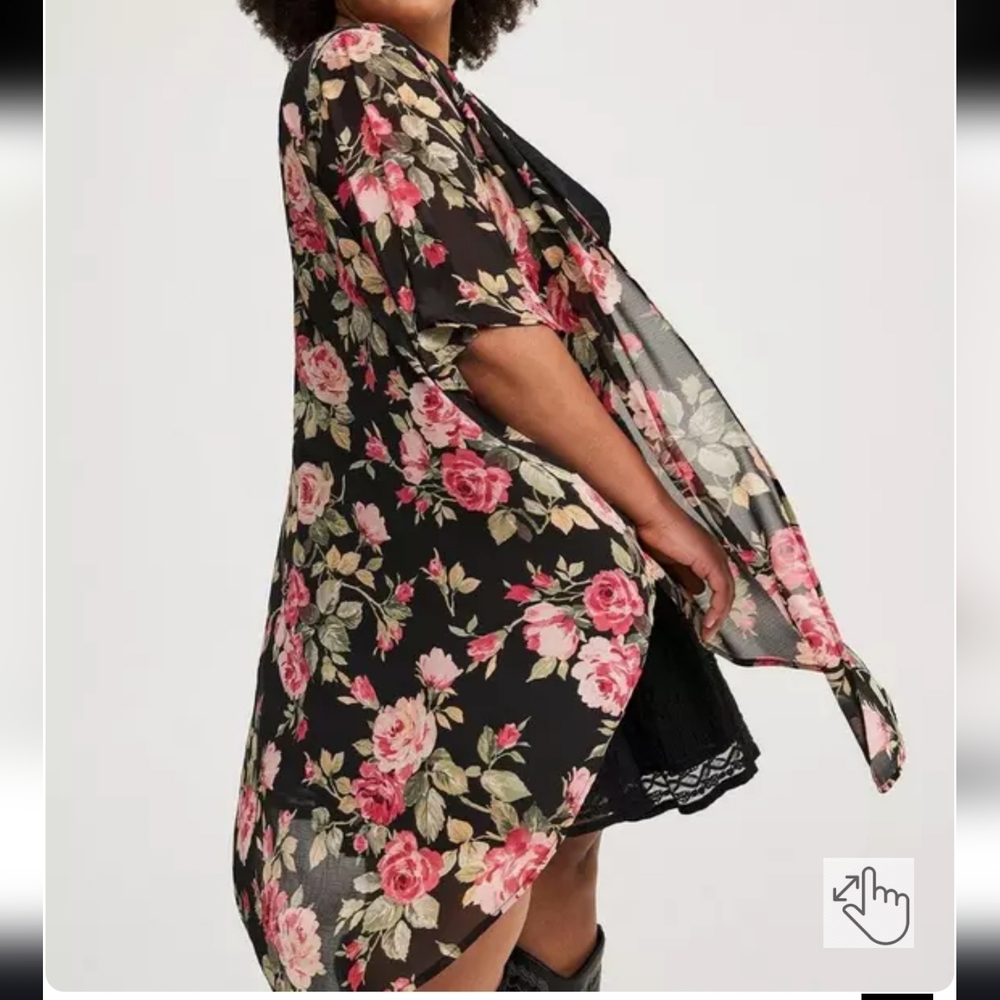 torrid Black Sheer Floral Kimono with Pink Roses - Picture 3 of 11